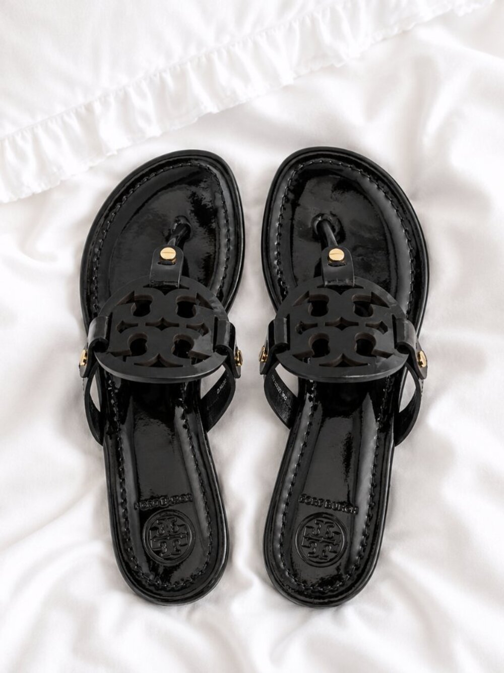 NEW IN BOX Tory Burch Black Patent Leather Miller Sandals